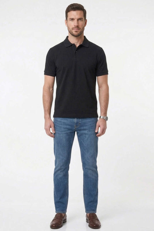 T-shirt uomo basic in tensel con collo a polo, nero
