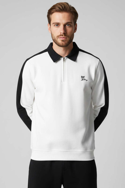 Sweat-shirt pour homme à col polo bordé blanc