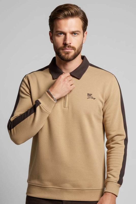 Men's Sweatshirt with Polo Collar and Piping, Camel