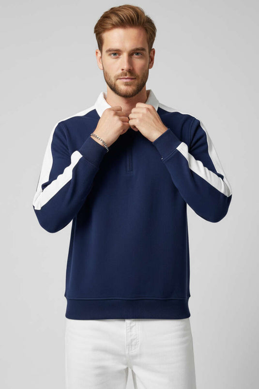 Polo Yaka Biyeli Erkek Sweatshirt Lacivert