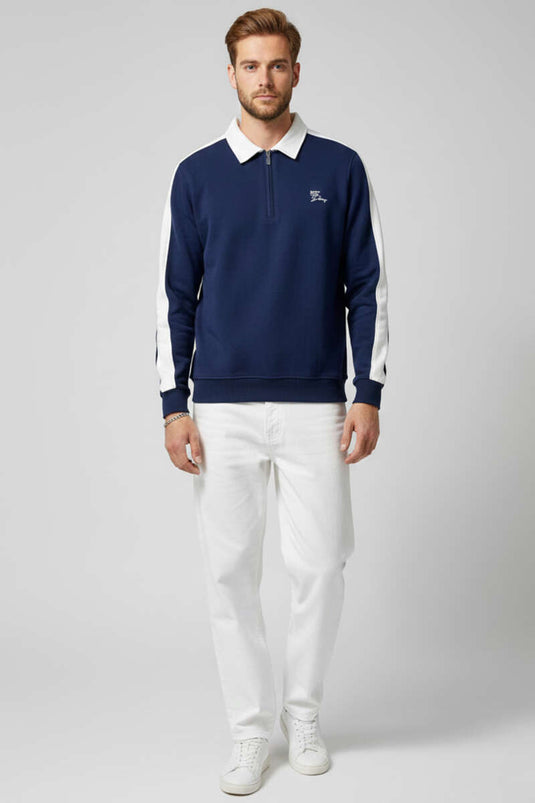 Polo Yaka Biyeli Erkek Sweatshirt Lacivert