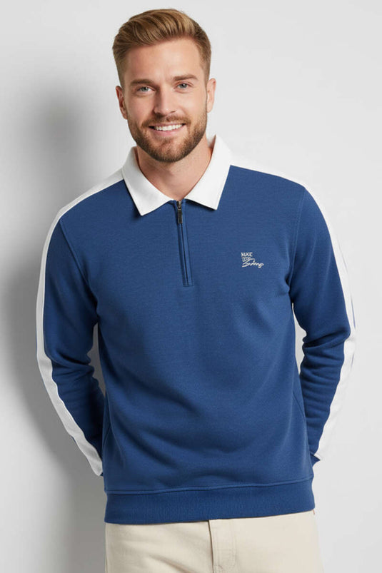 Polo Collar Trimmed Men's Sweatshirt Blue