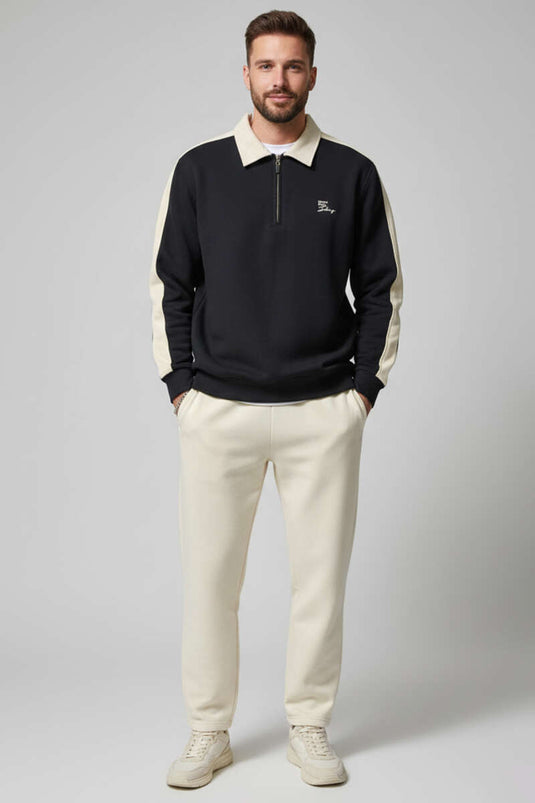 Polo Yaka Biyeli Erkek Sweatshirt Siyah