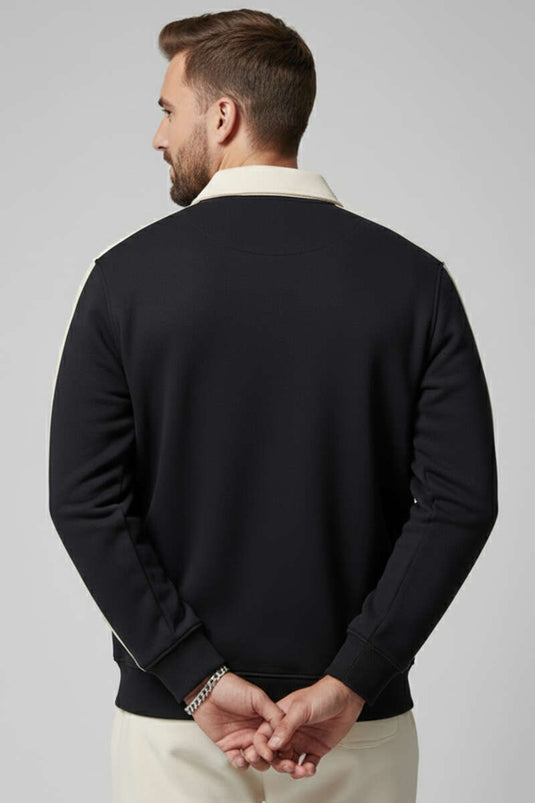 Polo Yaka Biyeli Erkek Sweatshirt Siyah