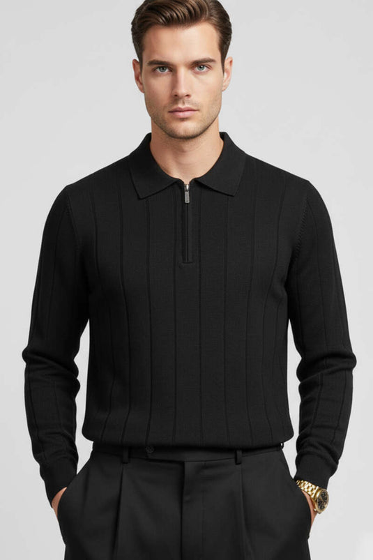 Pull rayé à col polo noir