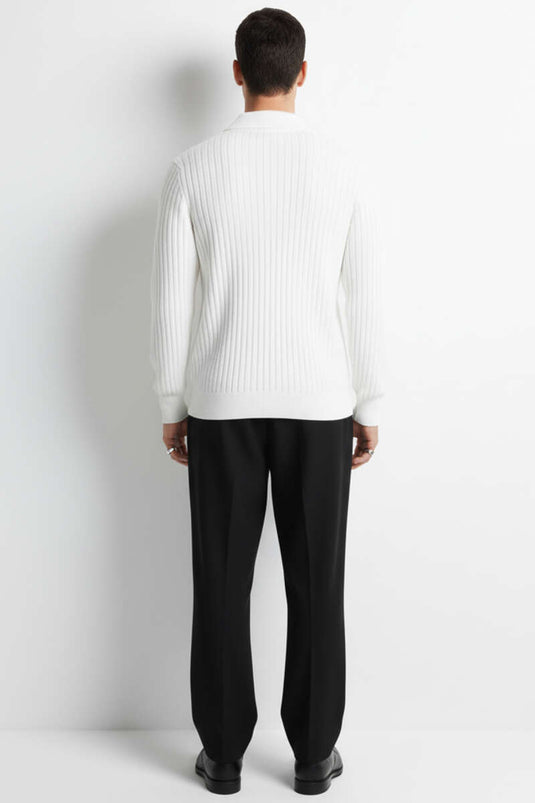 Pull polo pour homme à col rayé, blanc