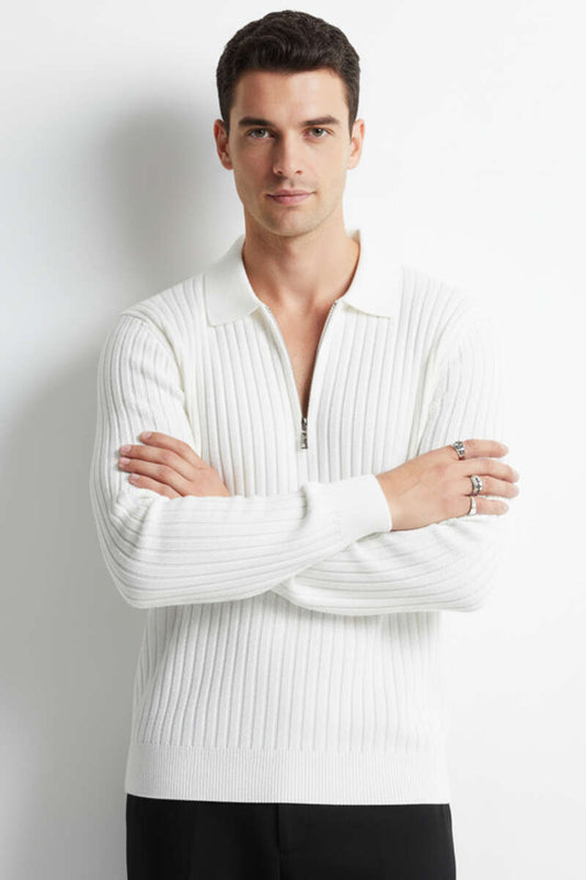 Pull polo pour homme à col rayé, blanc