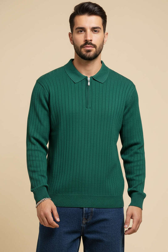 كنزة رجالية بياقة بولو وتفاصيل مخططة، لون أزرق داكن