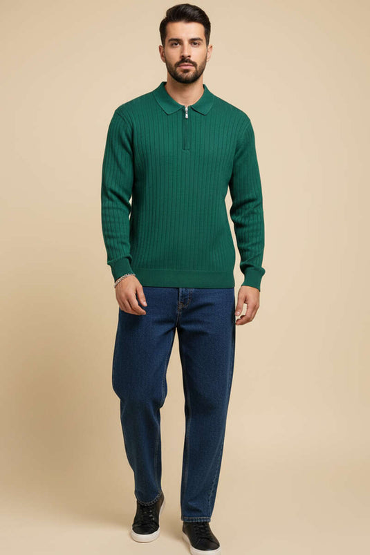 كنزة رجالية بياقة بولو وتفاصيل مخططة، لون أزرق داكن