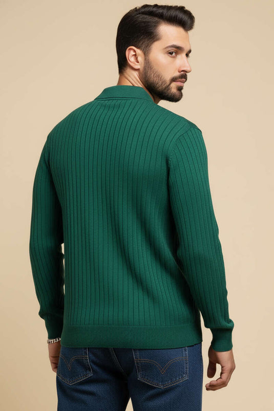 كنزة رجالية بياقة بولو وتفاصيل مخططة، لون أزرق داكن