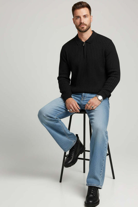 كنزة رجالية بياقة بولو وتفاصيل مخططة، أسود