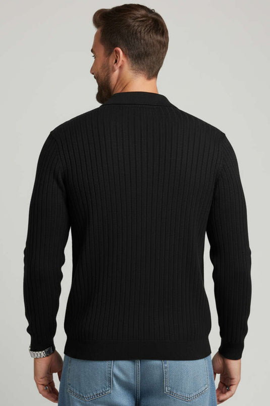 كنزة رجالية بياقة بولو وتفاصيل مخططة، أسود