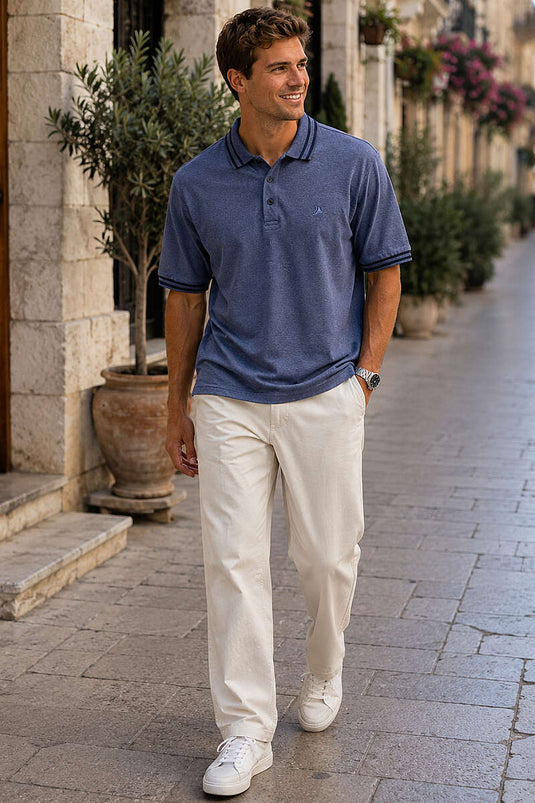 Polo Yaka Çizgili Erkek T-shirt Melanj Lacivert