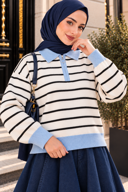 Polo Yaka Çizgili Triko Kazak Bebe Mavisi