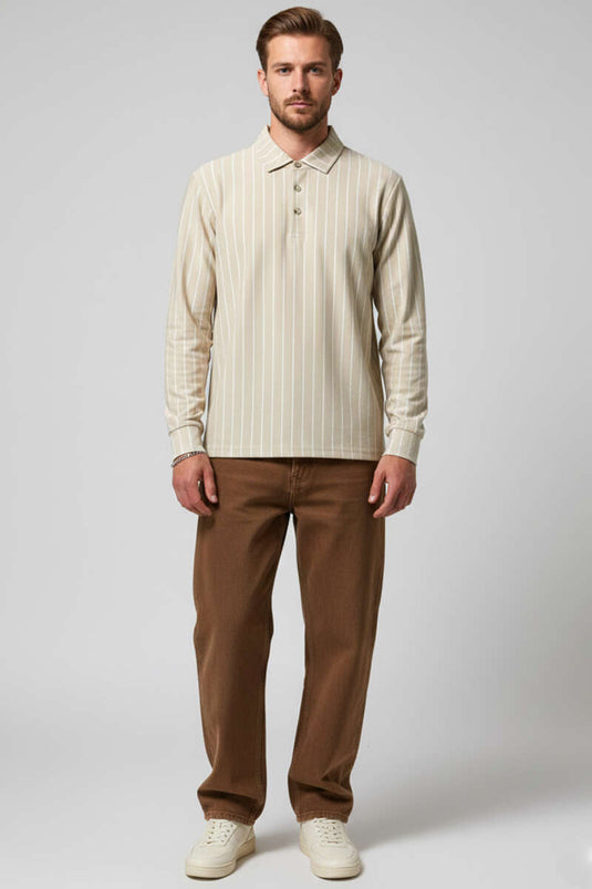 Polo Yaka Çizgili Uzun Kollu Erkek T-shirt Bej