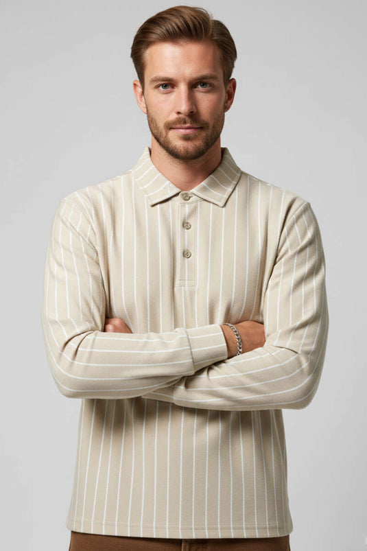 Polo Yaka Çizgili Uzun Kollu Erkek T-shirt Bej