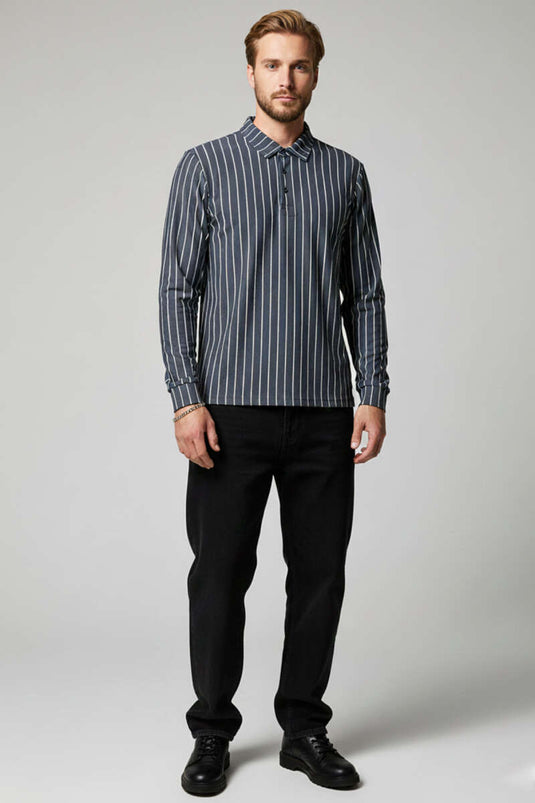 Striped Long-Sleeved Men's Shirt with Polo Collar, Smoke Gray