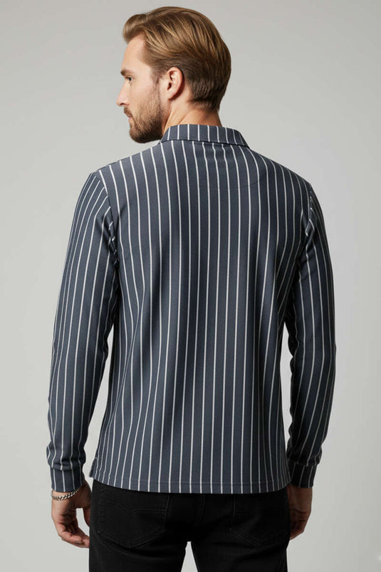 Striped Long-Sleeved Men's Shirt with Polo Collar, Smoke Gray
