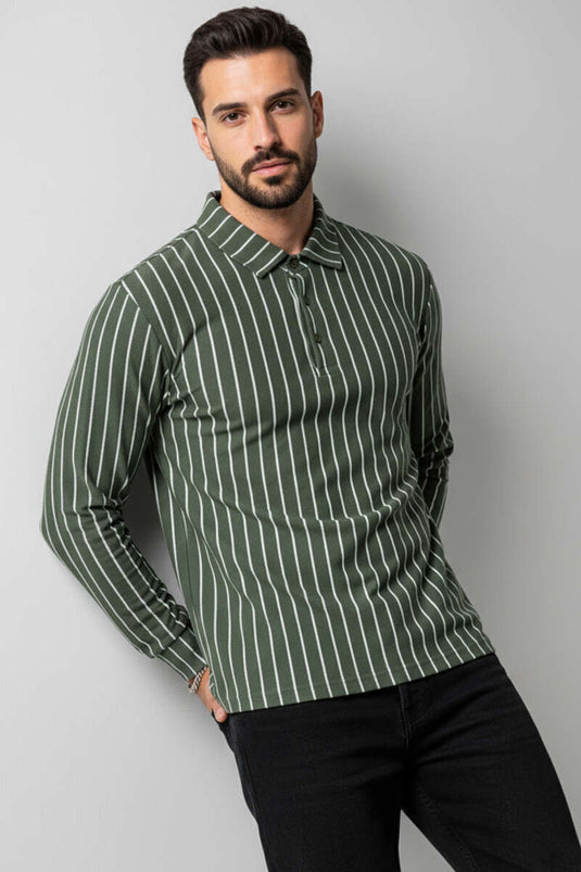 Polo Yaka Çizgili Uzun Kollu Erkek T-shirt Haki