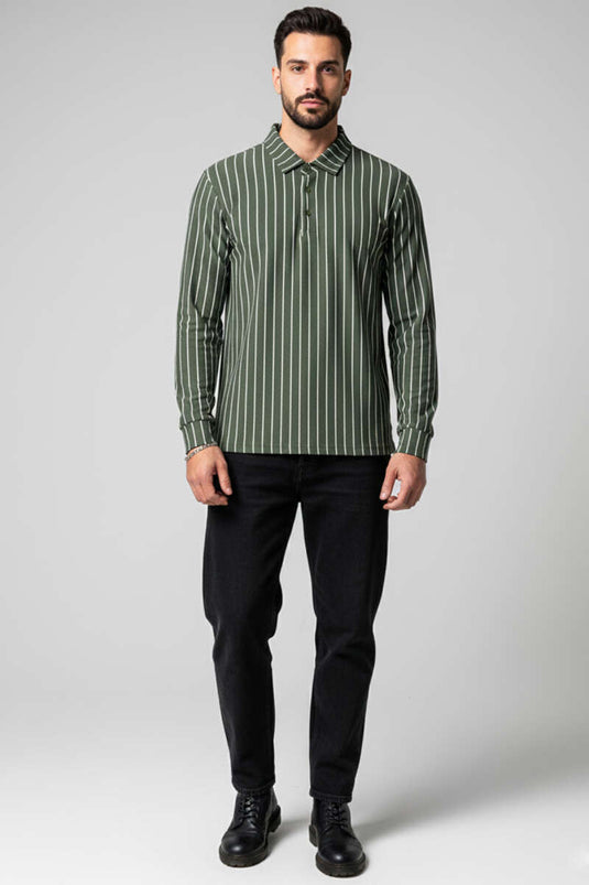 Polo Yaka Çizgili Uzun Kollu Erkek T-shirt Haki