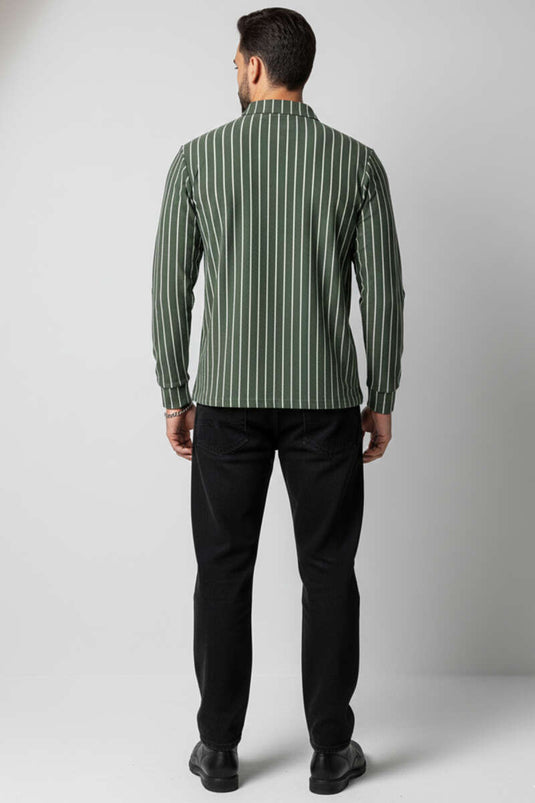 Polo Yaka Çizgili Uzun Kollu Erkek T-shirt Haki