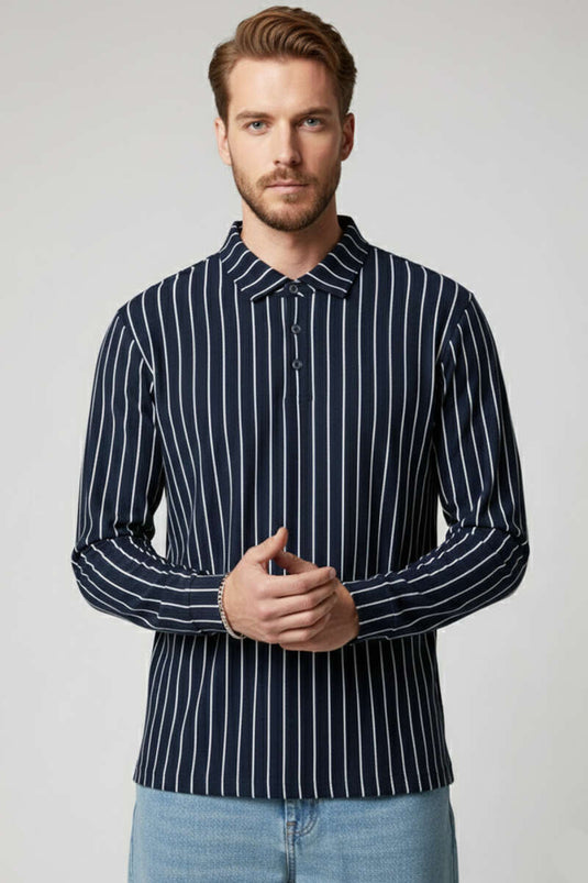 Striped Long-Sleeved Men's Shirt with Polo Collar Navy Blue