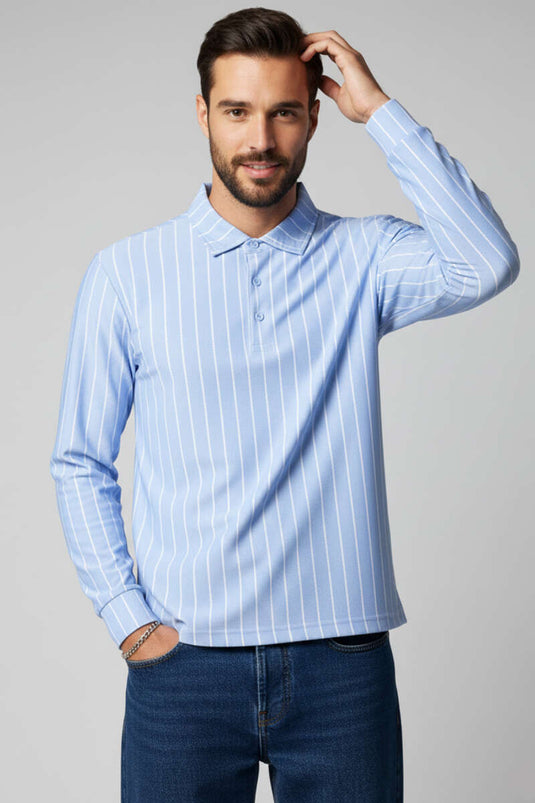 T-shirt homme à manches longues rayé col polo bleu