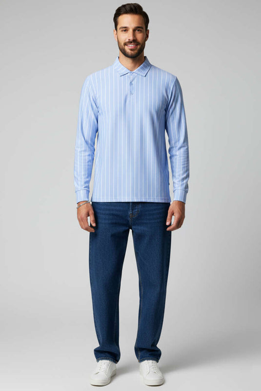T-shirt homme à manches longues rayé col polo bleu