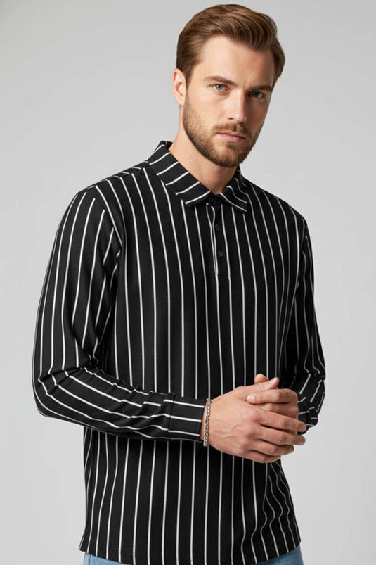 Polo Yaka Çizgili Uzun Kollu Erkek T-shirt Siyah