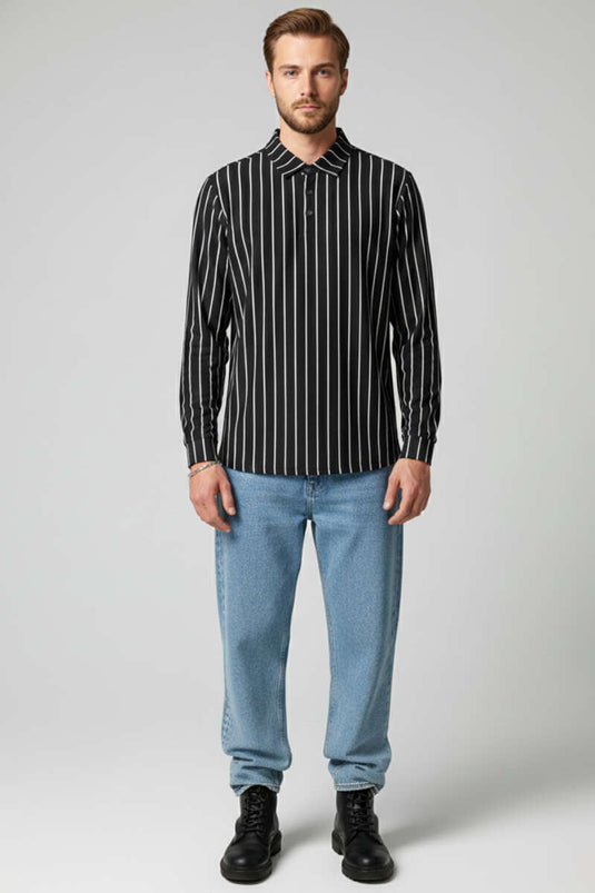 Polo Yaka Çizgili Uzun Kollu Erkek T-shirt Siyah