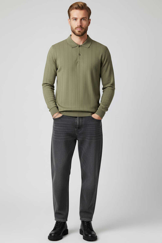 Polo Collar Stitched Sweater Khaki