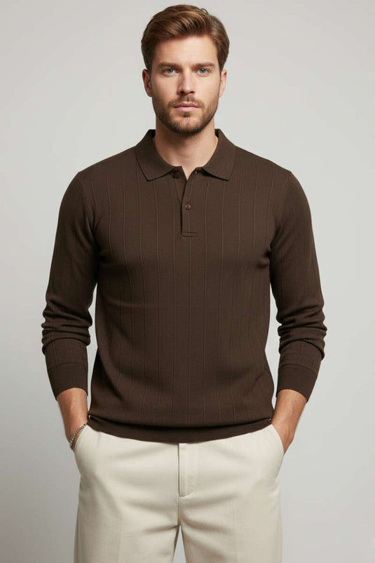 Maglione con collo a polo e cuciture, caffè