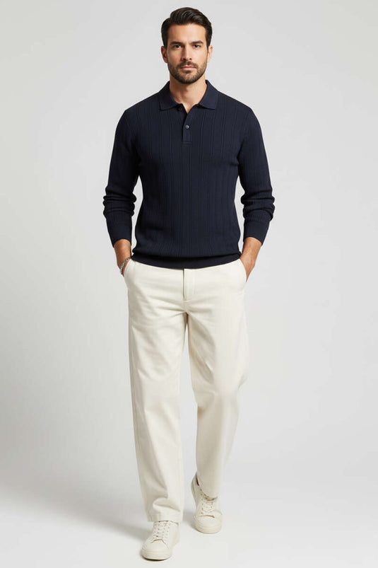 Polo Collar Stitched Sweater Navy Blue