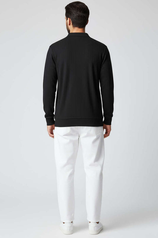 Polo Collar Stitched Sweater Black