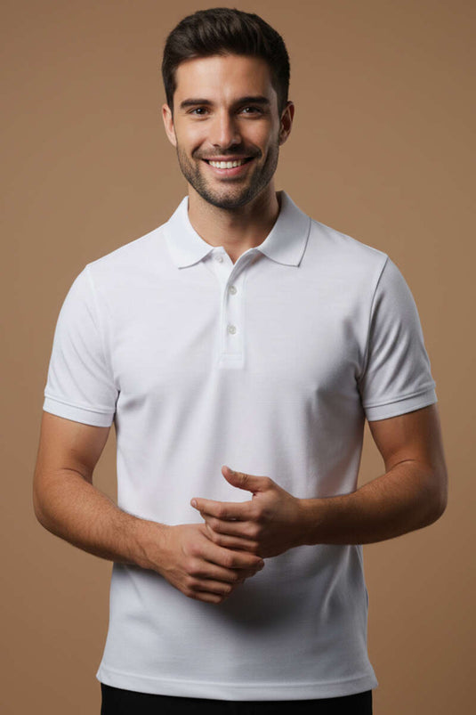 Men's White T-shirt with Polo Collar and Button Details
