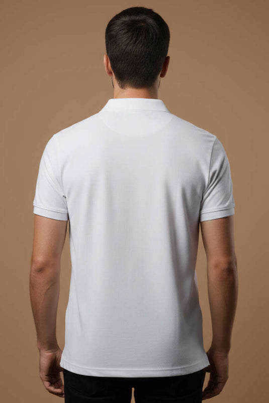 Men's White T-shirt with Polo Collar and Button Details