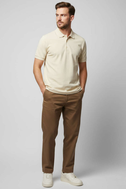 Polo Yaka Düğme Detaylı Erkek T-shirt Krem