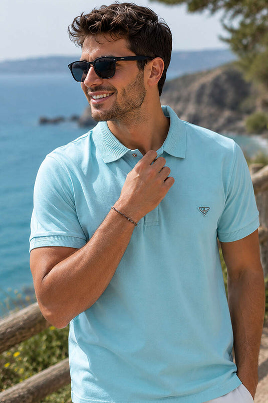 Polo Yaka Düğmeli Armalı Erkek T-shirt Aqua