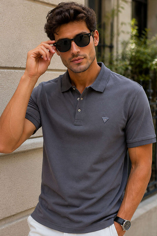 Polo Yaka Düğmeli Armalı Erkek T-shirt Füme