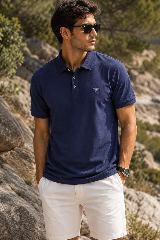 Polo Yaka Düğmeli Armalı Erkek T-shirt Lacivert