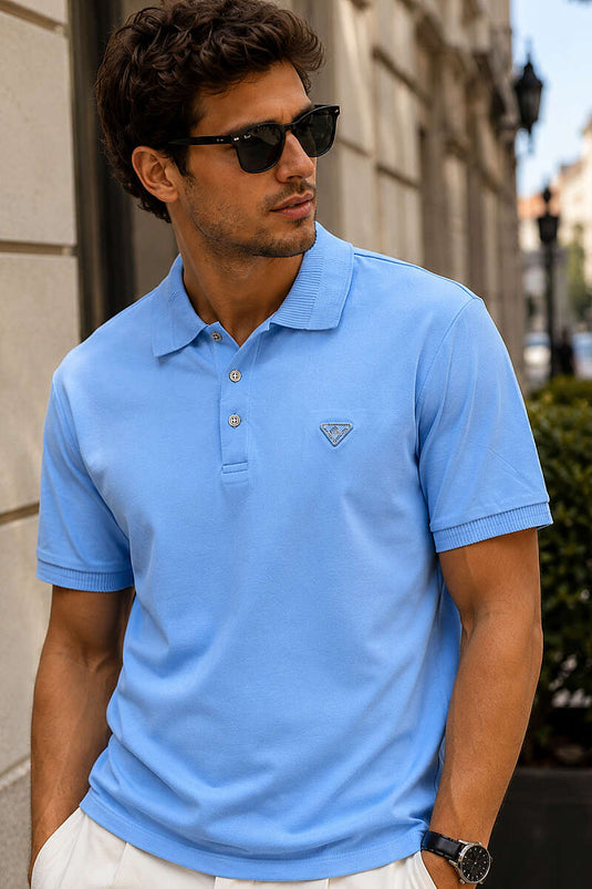 Polo Yaka Düğmeli Armalı Erkek T-shirt Mavi