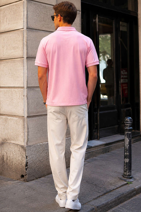 Polo Yaka Düğmeli Armalı Erkek T-shirt Pembe