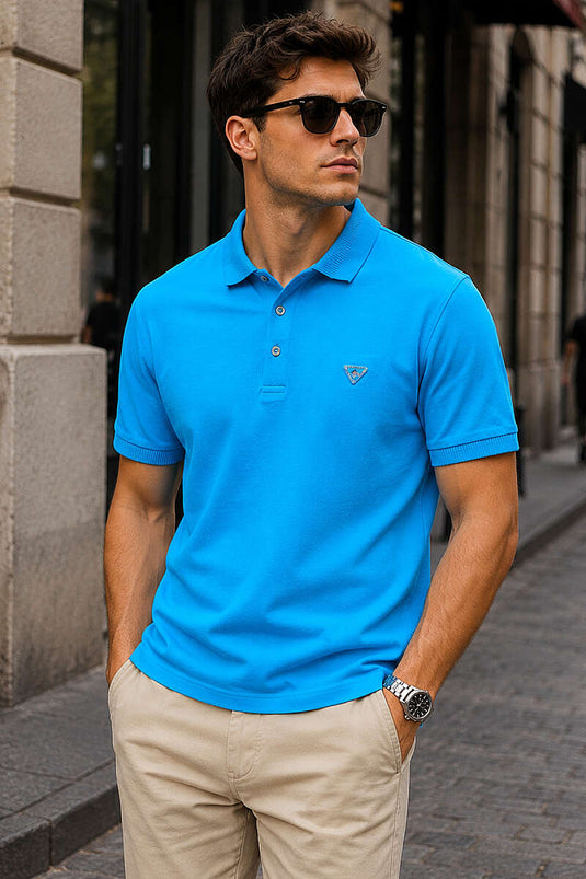 Polo Yaka Düğmeli Armalı Erkek T-shirt Turkuaz