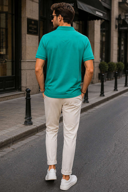 Polo Yaka Düğmeli Armalı Erkek T-shirt Yeşil