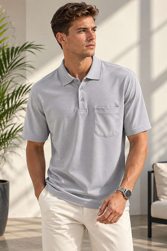 Polo Yaka Düğmeli Cepli Erkek T-shirt Gri