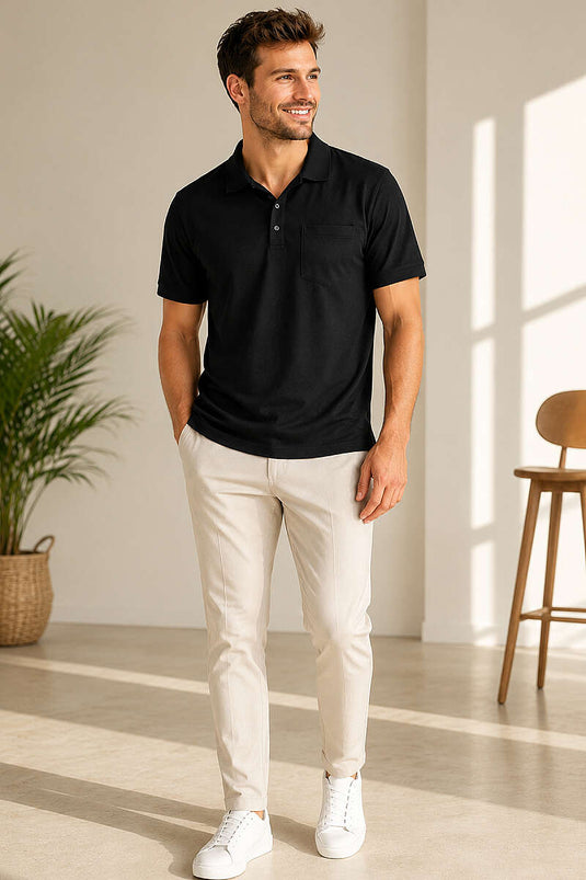 Polo Yaka Düğmeli Cepli Erkek T-shirt Siyah
