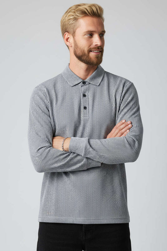 Sweat-shirt rayé à col polo boutonné gris fumé