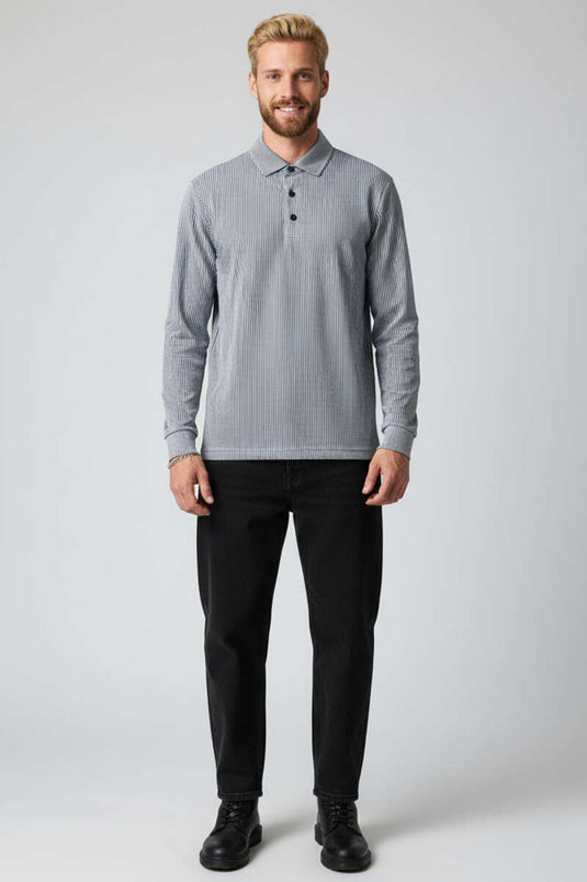 Sweat-shirt rayé à col polo boutonné gris fumé