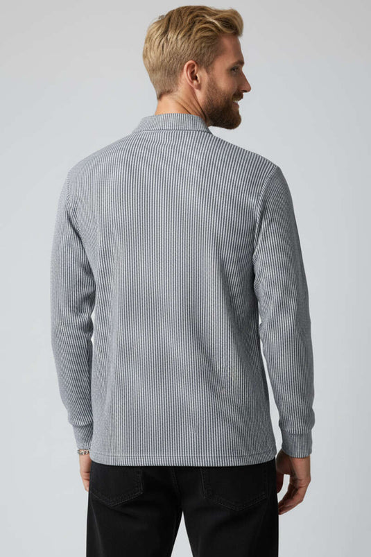 Sweat-shirt rayé à col polo boutonné gris fumé