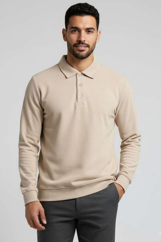 Sweat-shirt polo à boutons pour homme, beige